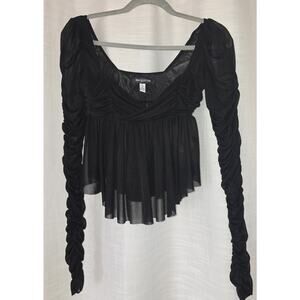Urban Outfitters black ruched sheer long-sleeve babydoll top Sz Small Goth Y2k